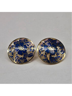 Women's Cloisonné Post Earrings Blue Purple Gold Floral Enamel 1 inch Round